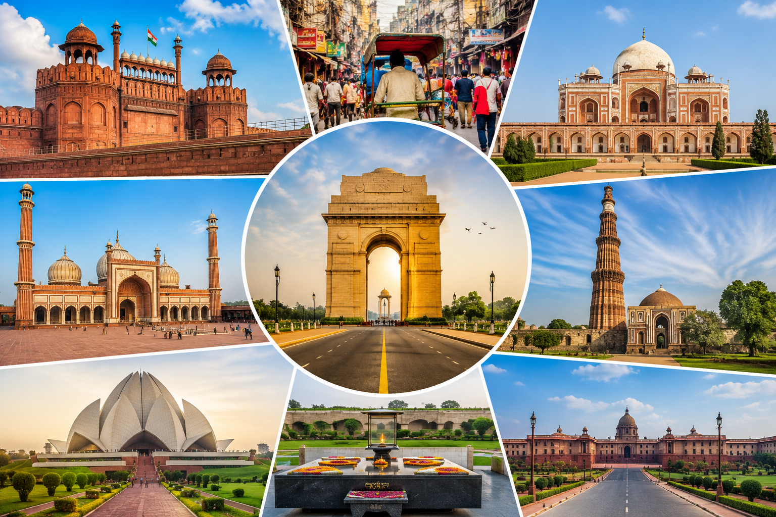 Private Old & New Delhi City Sightseeing Tour featuring India Gate, Red Fort, Qutub Minar, Jama Masjid, Humayun's Tomb, Lotus Temple, Chandni Chowk, and Rashtrapati Bhavan